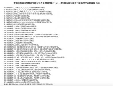 ​中国铁路武汉局：2020年2月1日—2月20日部分旅客列车临时停运